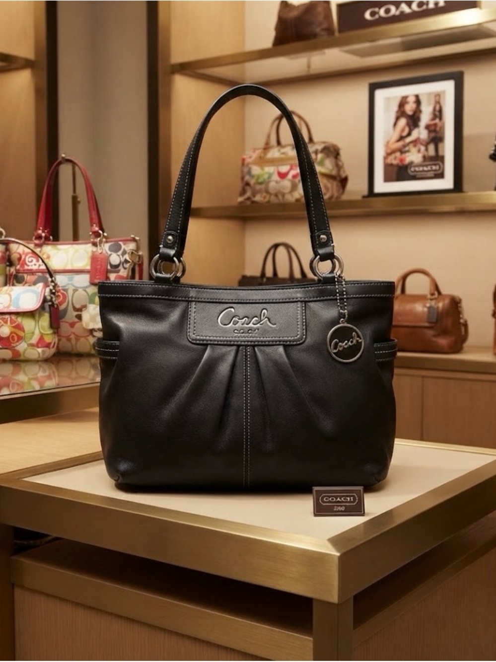Coach Black Leather East West Gallery Tote Shoulder Bag with Signature Charm
